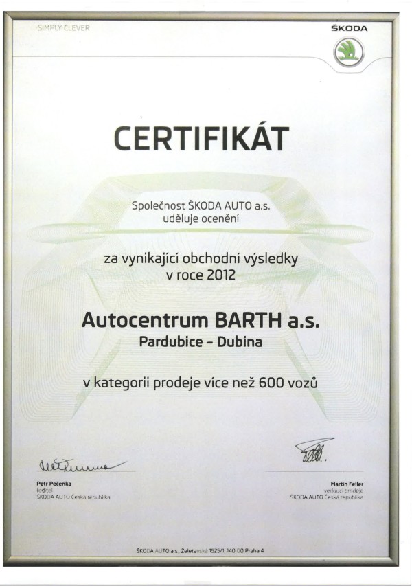 Certifikát nejlepší obchodník Škoda
